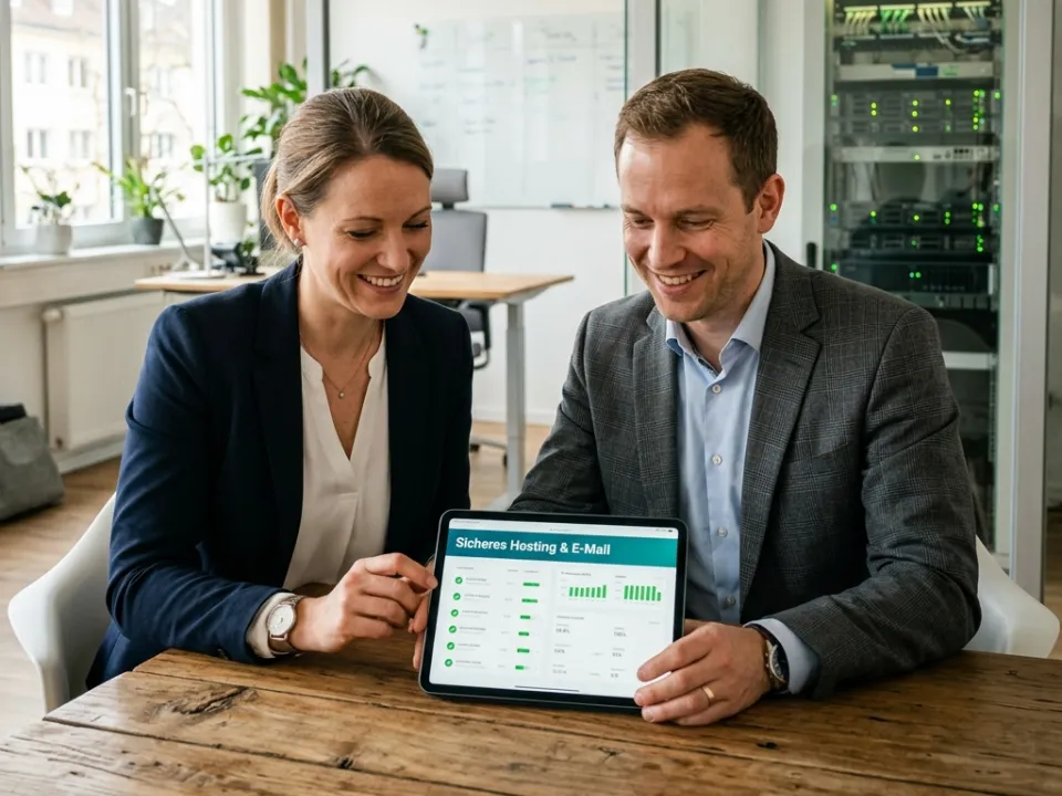 Eine Frau und ein Mann blicken lächelnd auf ein Tablet.