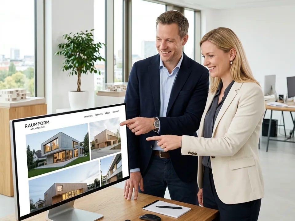 Eine Frau und ein Mann zeigen lächelnd auf einen Architektur-Bildschirm.